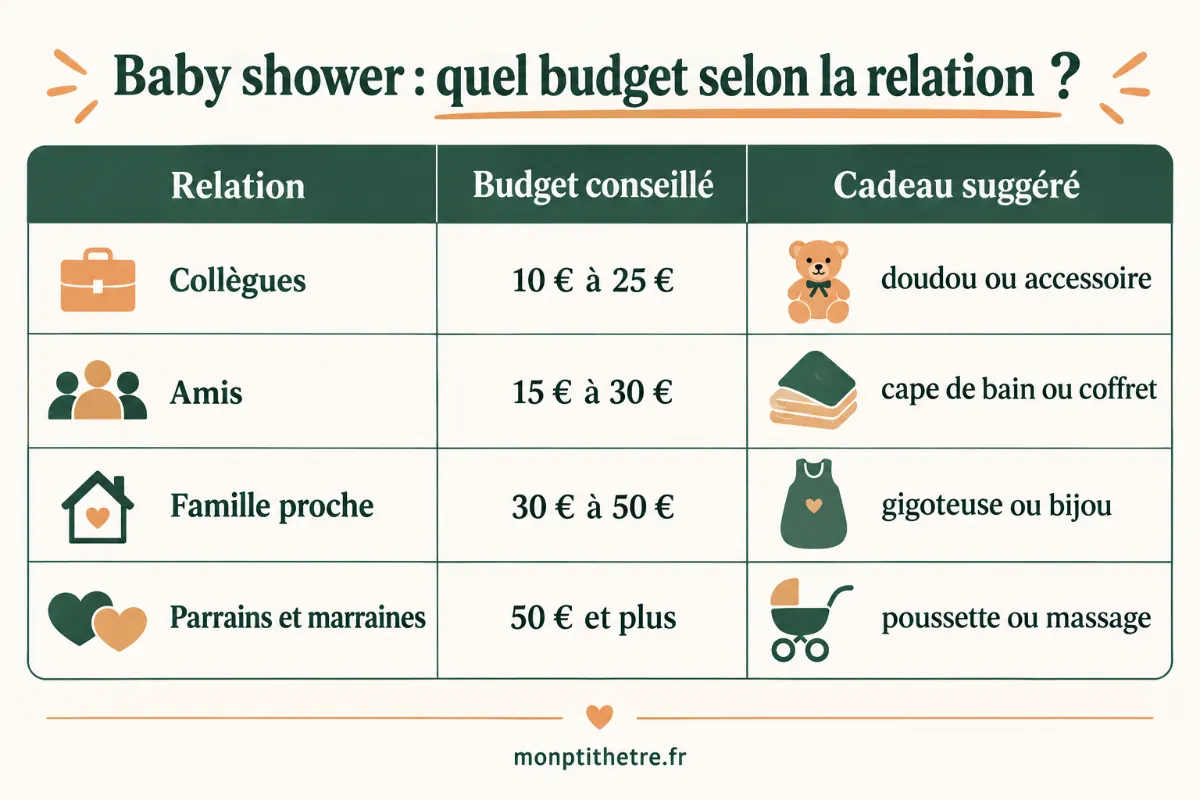 Infographie du budget de cadeau de baby shower selon la relation : collègues, amis, famille et parrains