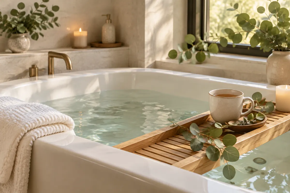 Bain tiède, serviette pliée et plateau en bois avec tisane et eucalyptus pour se détendre