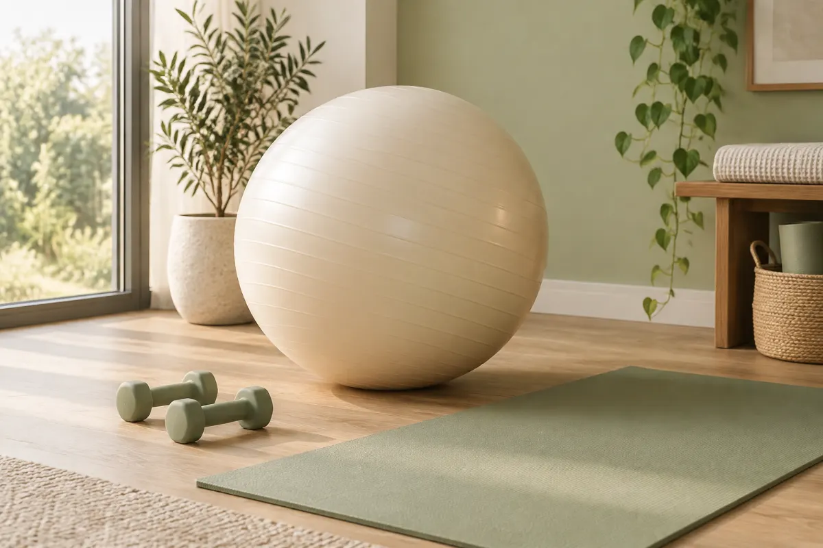 Gros ballon de gym crème, tapis en mousse et petits haltères près d’une fenêtre