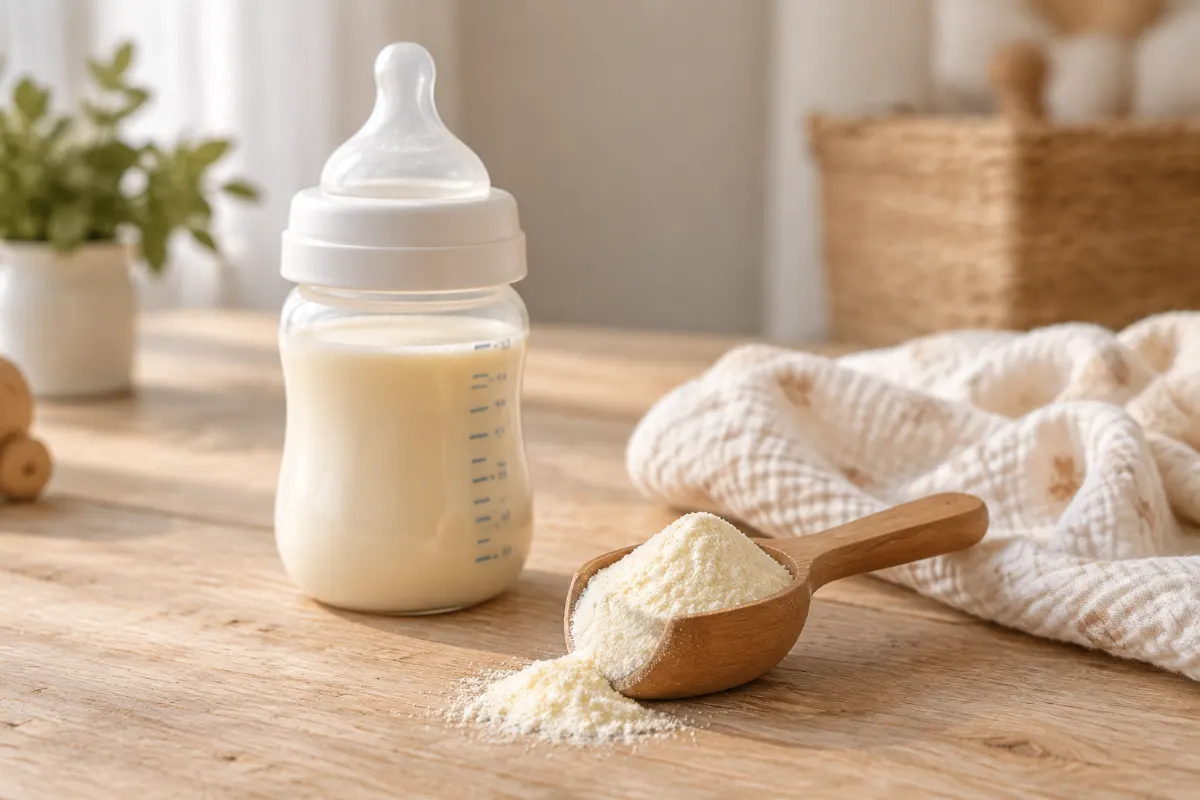 Biberon, dosette de lait infantile en poudre et lange en mousseline sur une table en bois