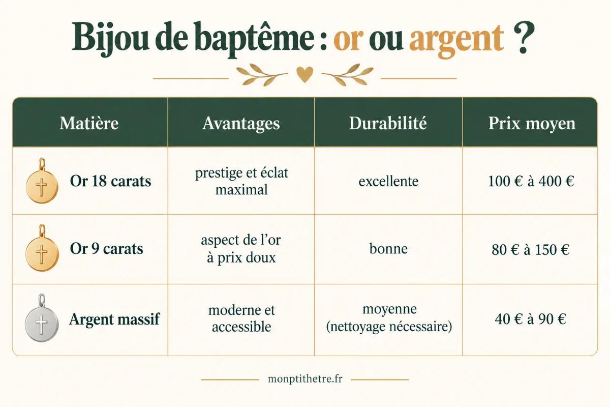 Infographie comparant or 18 carats, or 9 carats et argent massif pour un bijou de baptême : avantages, durabilité et prix