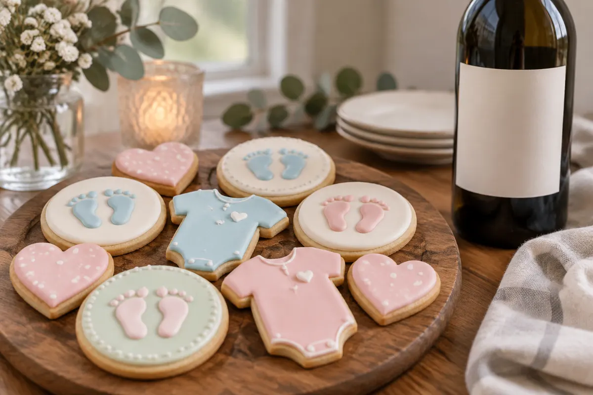 Biscuits décorés en pastel sur une planche en bois pour une annonce de grossesse