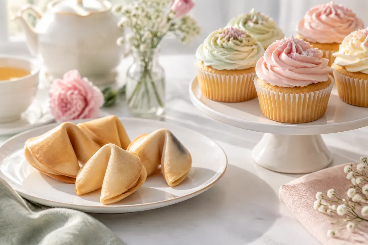 Biscuits de fortune sur une assiette blanche près de cupcakes décorés au glaçage pastel
