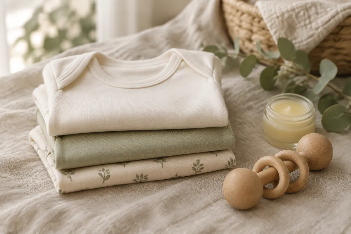 Bodies en coton bio pliés, hochet en bois et pot de baume naturel sur un linge