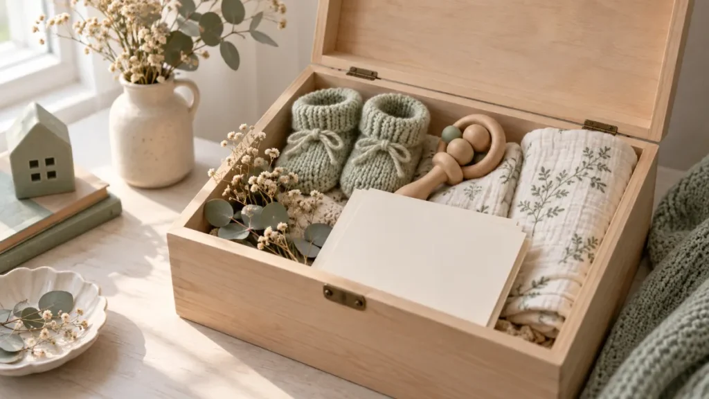 Boîte à souvenirs bébé en bois ouverte avec chaussons tricotés, hochet, cartes et fleurs séchées