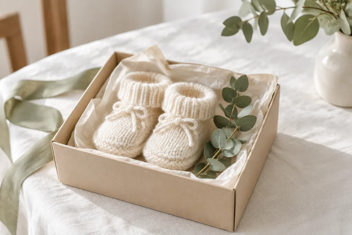 Petite boîte cadeau avec chaussons tricotés crème et branche d’eucalyptus sur une nappe en lin