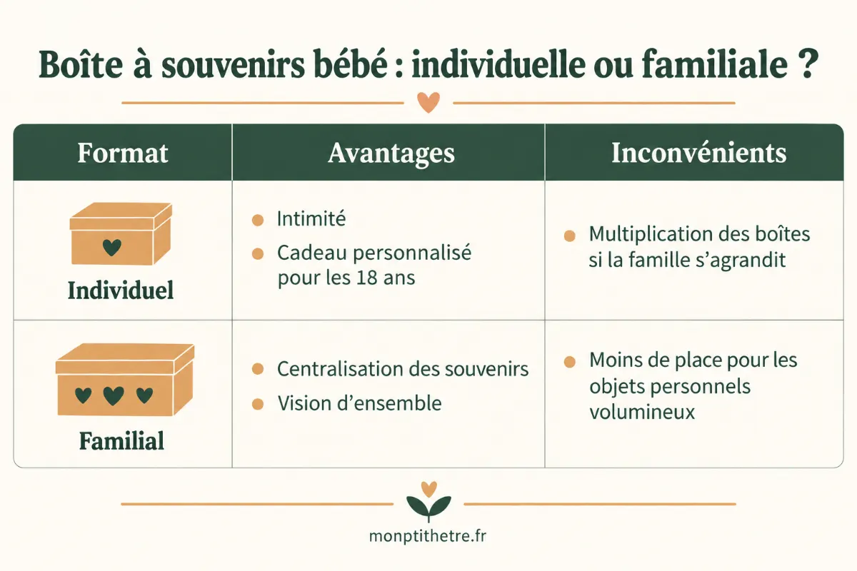 Infographie comparant une boîte à souvenirs individuelle et familiale : avantages et inconvénients