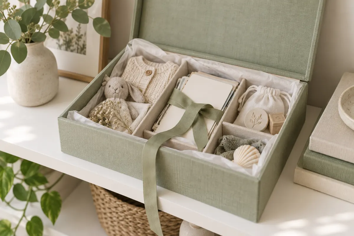 Boîte à souvenirs avec compartiments et papier de soie sans acide, petits souvenirs et ruban