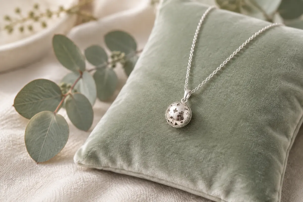 Bola de grossesse en argent 925 sur velours vert sauge avec branche d’eucalyptus