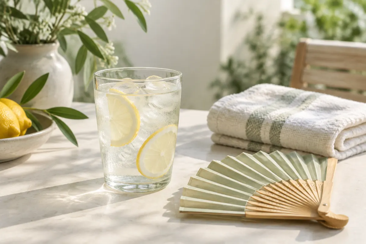 Verre d’eau glacée au citron, éventail et serviette en coton pour soulager les bouffées de chaleur