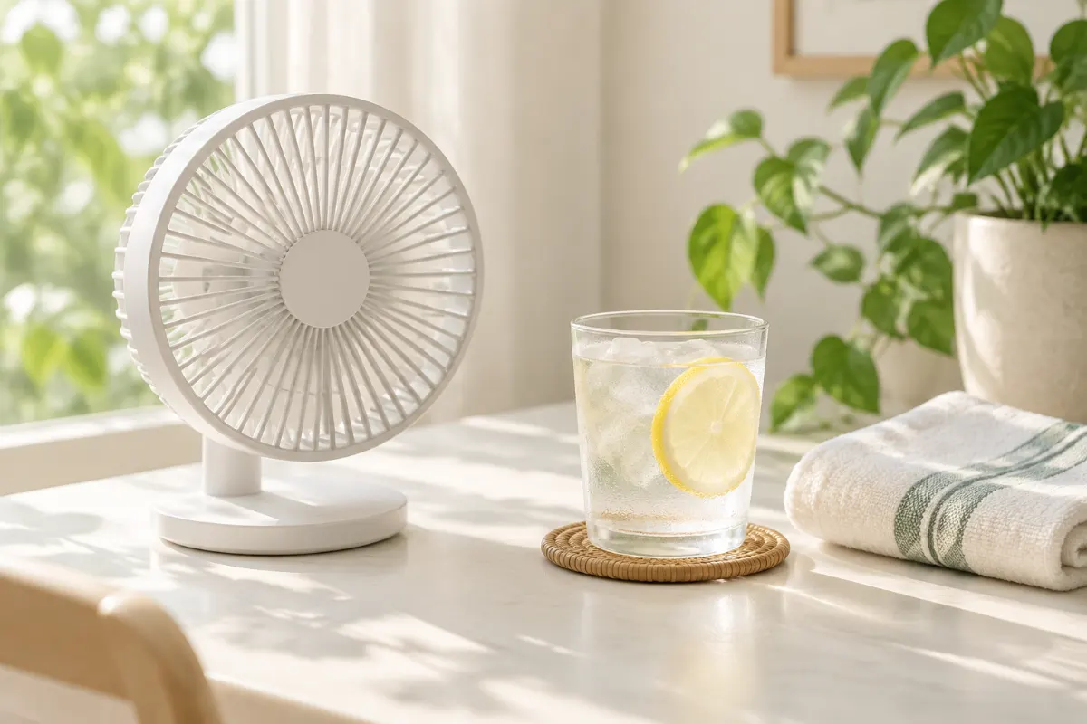 Petit ventilateur de bureau, verre d’eau glacée au citron et serviette pour soulager les bouffées de chaleur