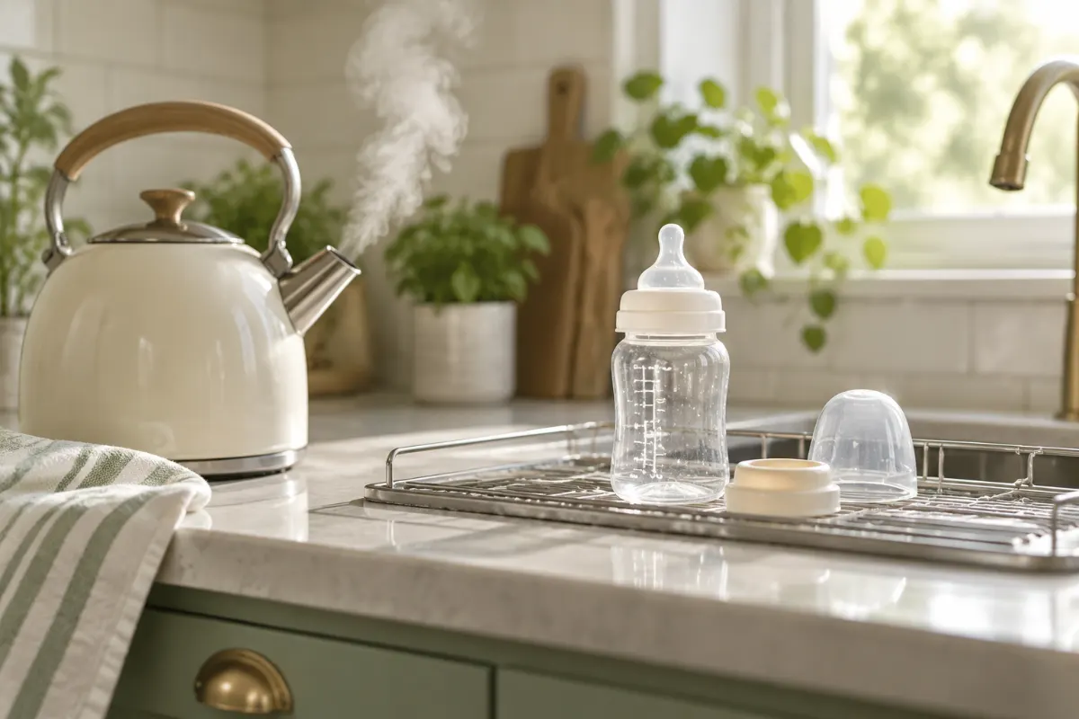 Bouilloire et biberon en verre sur un égoutoir pour préparer l’eau de bébé