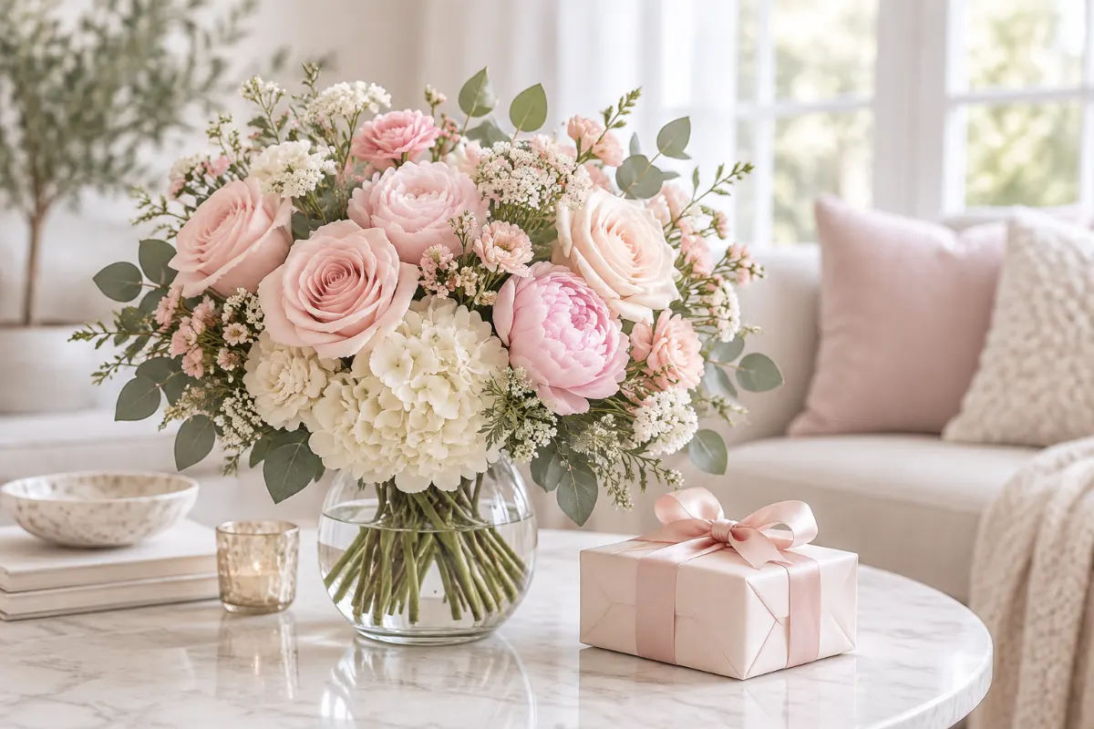 Bouquet de fleurs rose pâle dans un vase en verre près d’un petit cadeau avec ruban