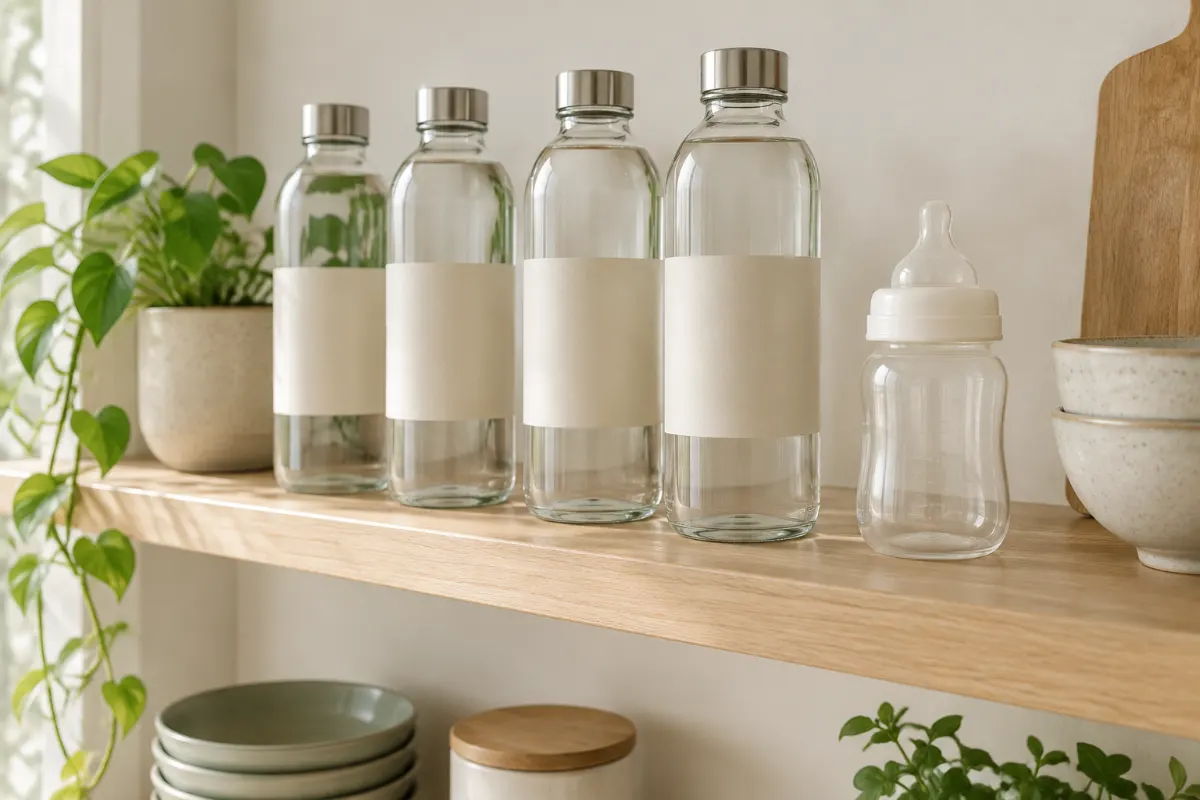Bouteilles d’eau alignées sur une étagère de cuisine à côté d’un biberon vide