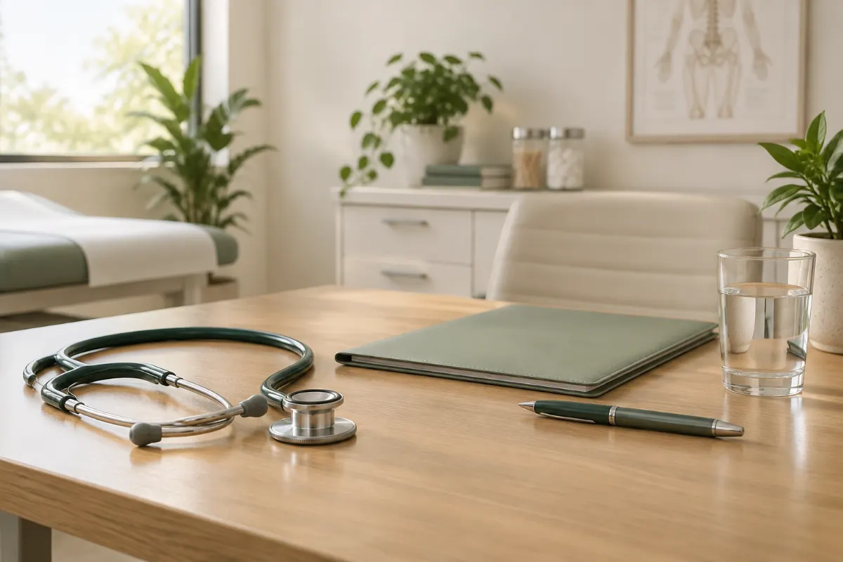 Bureau de médecin avec stéthoscope, dossier fermé et verre d’eau pour une consultation après la ménopause