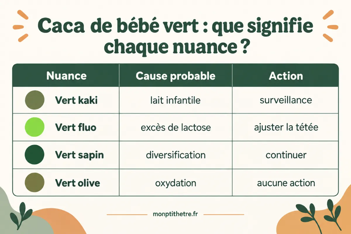 Infographie des nuances de caca bébé vert : kaki, fluo, sapin et olive avec cause probable et action