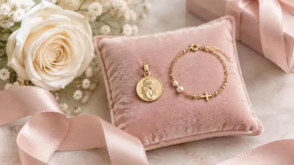 Médaille et gourmette en or sur un coussin de velours rose pâle avec rose blanche pour un cadeau de baptême fille