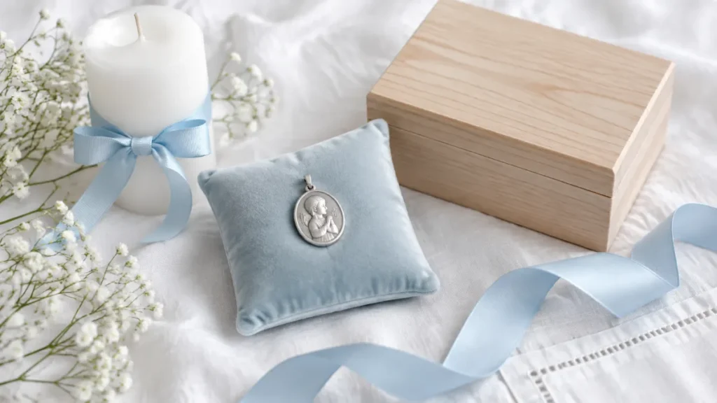 Médaille en argent sur coussin bleu pâle, coffret en bois et bougie blanche pour un cadeau de baptême