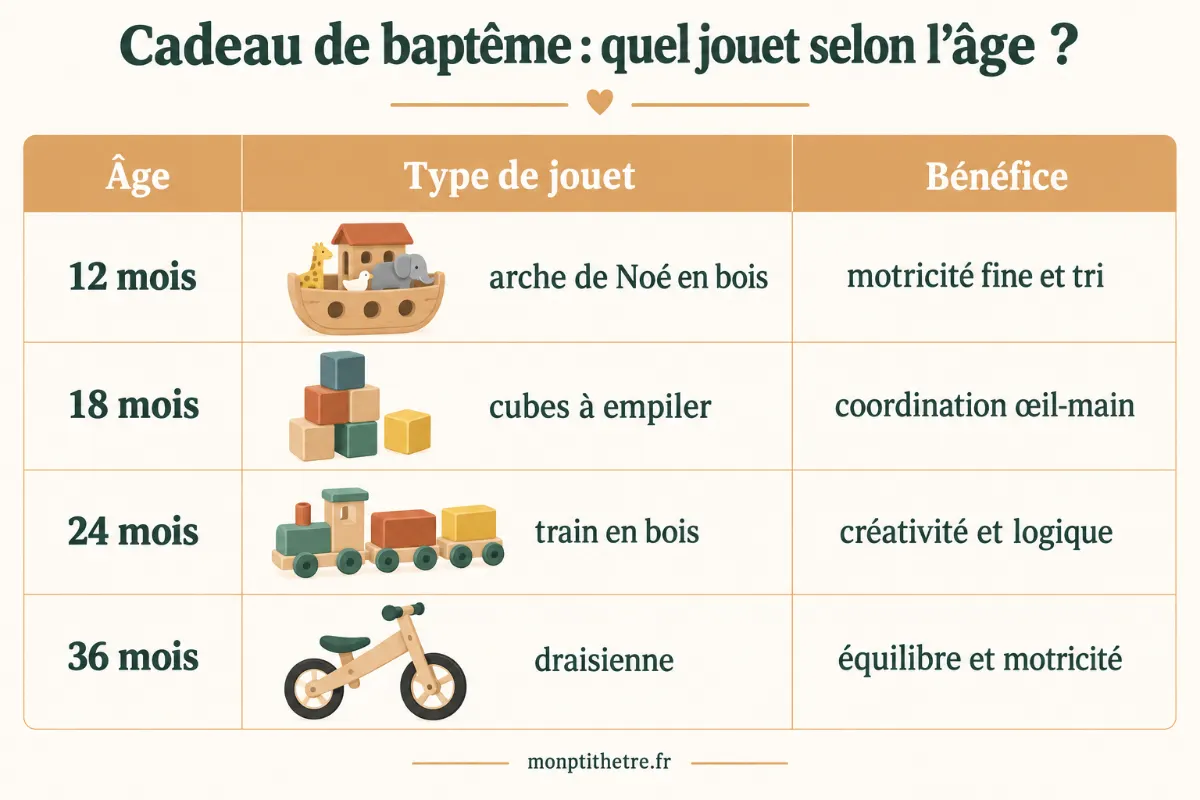 Infographie du jouet idéal selon l’âge pour un cadeau de baptême : arche de Noé, cubes, train, draisienne