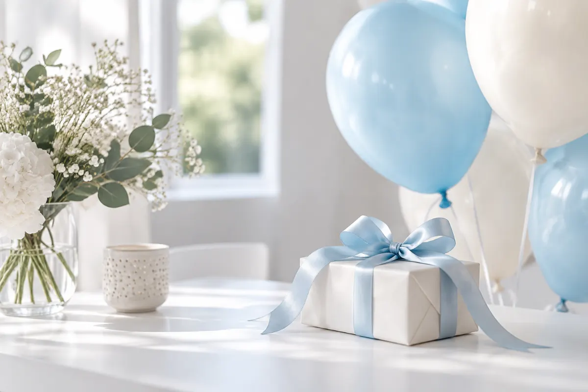 Petit cadeau avec ruban bleu clair et ballons pastel sur une table blanche pour fêter une naissance