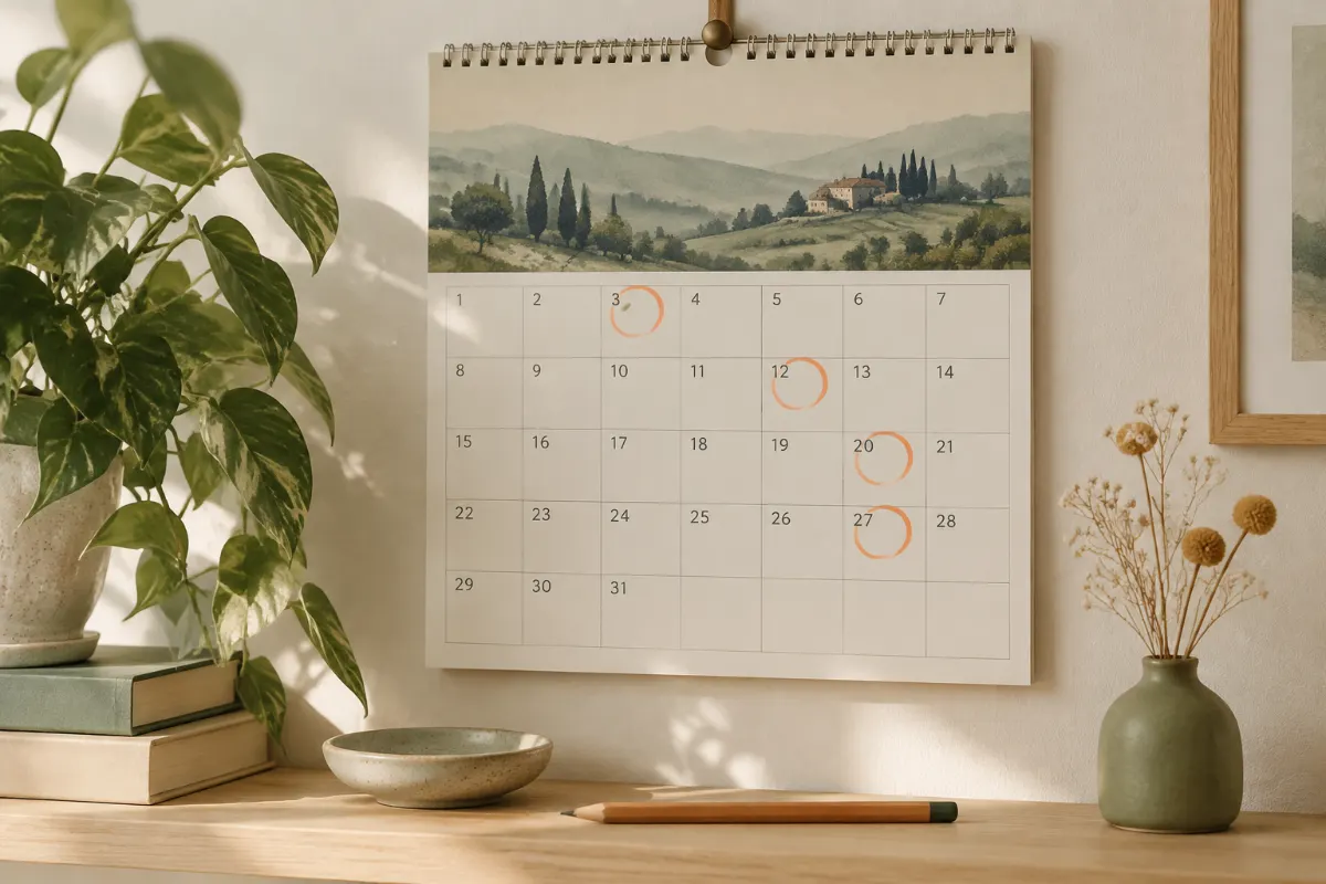 Calendrier mural avec des jours entourés au feutre orange pour dater le terme de la grossesse