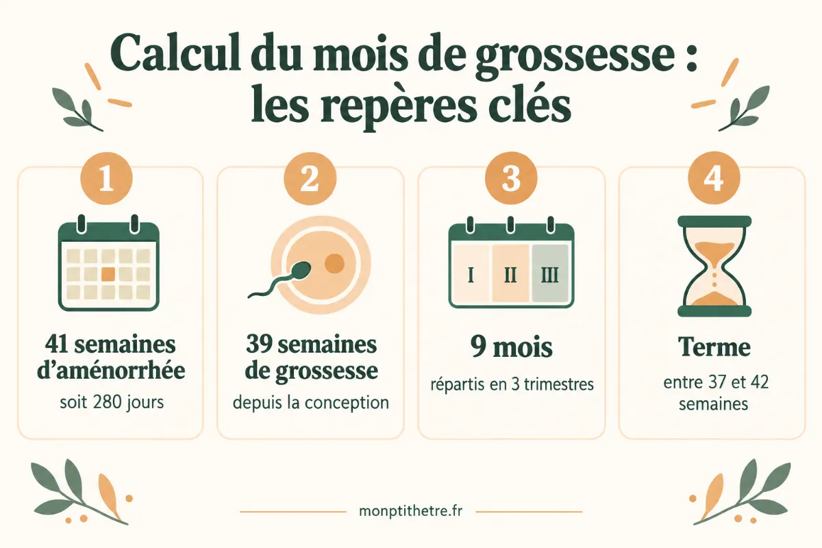 Infographie : calcul du mois de grossesse (41 semaines d’aménorrhée, 39 semaines de grossesse, 9 mois, terme entre 37 et 42 semaines)