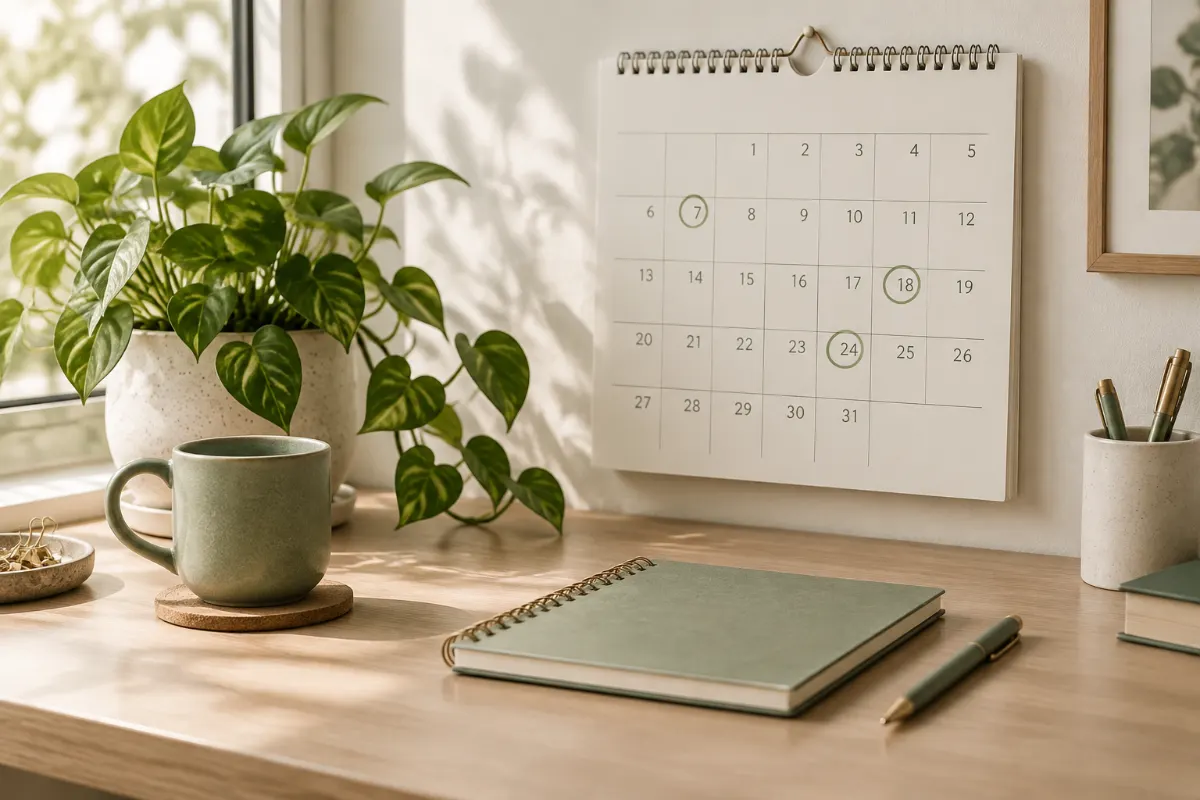 Calendrier mural avec dates entourées, stylo et carnet pour planifier les échographies