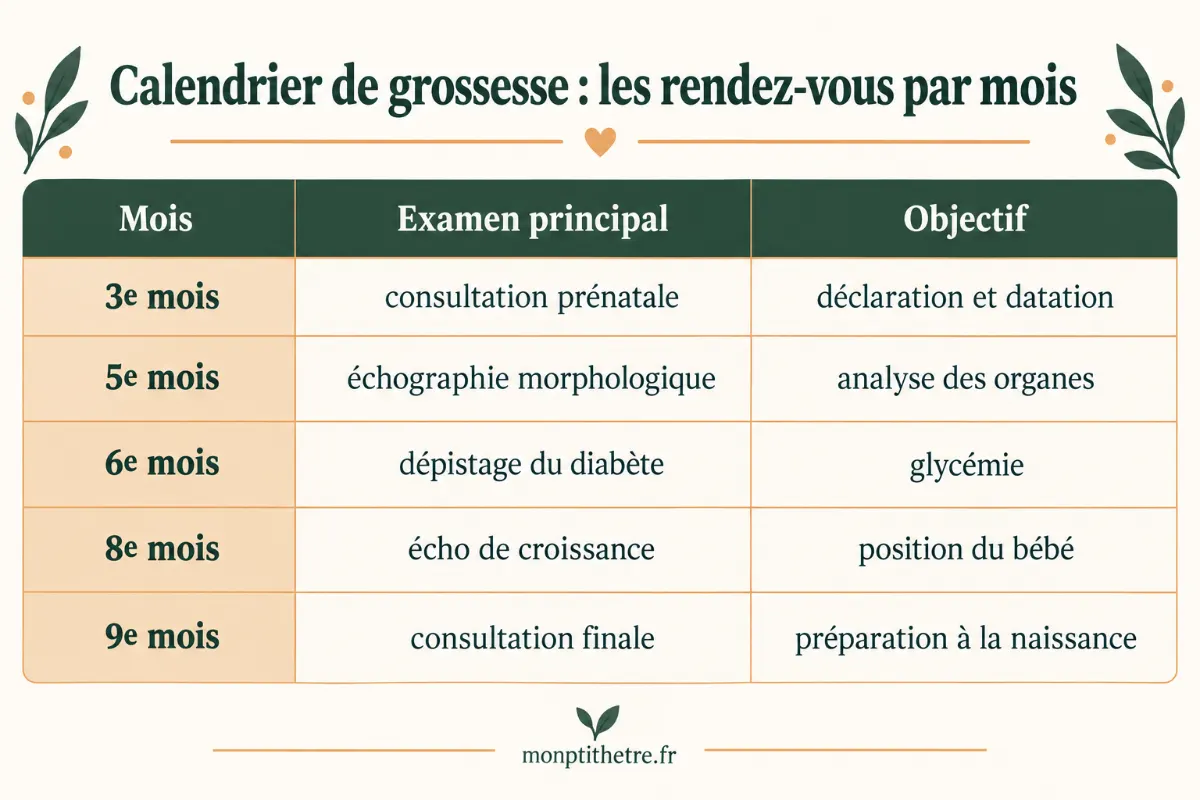 Infographie du calendrier de grossesse : examens et objectifs médicaux mois par mois
