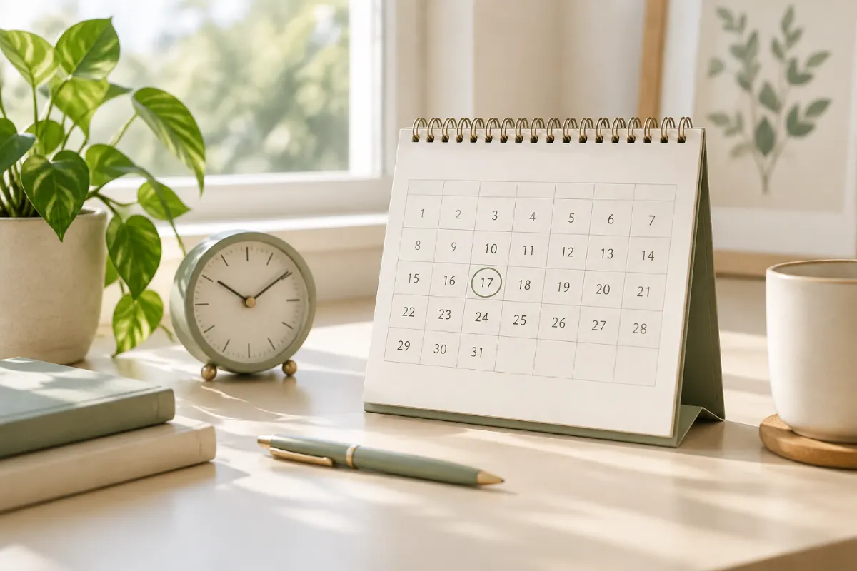Calendrier mural avec une date entourée, stylo et petite horloge sur un bureau rangé