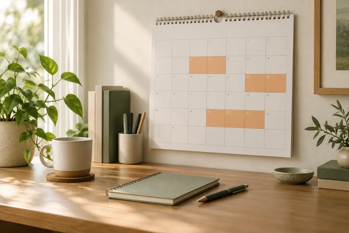 Calendrier mural avec des semaines surlignées et carnet pour suivre les semaines d’aménorrhée