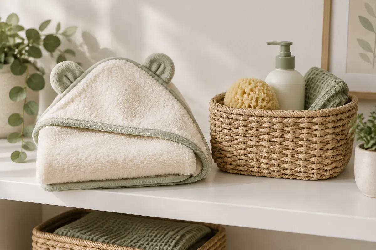Cape de bain à capuche pliée près d’un panier avec éponge et savon doux