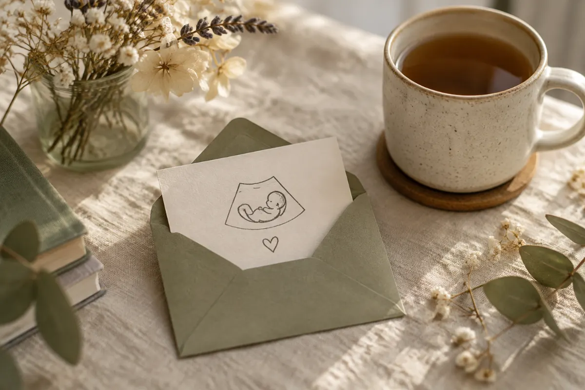 Carte manuscrite d’annonce de grossesse dans une enveloppe avec une tasse de thé et des fleurs séchées