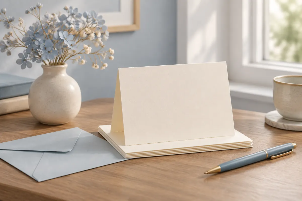 Cartes de félicitations vierges, enveloppes, stylo et petit vase de fleurs séchées bleues sur un bureau