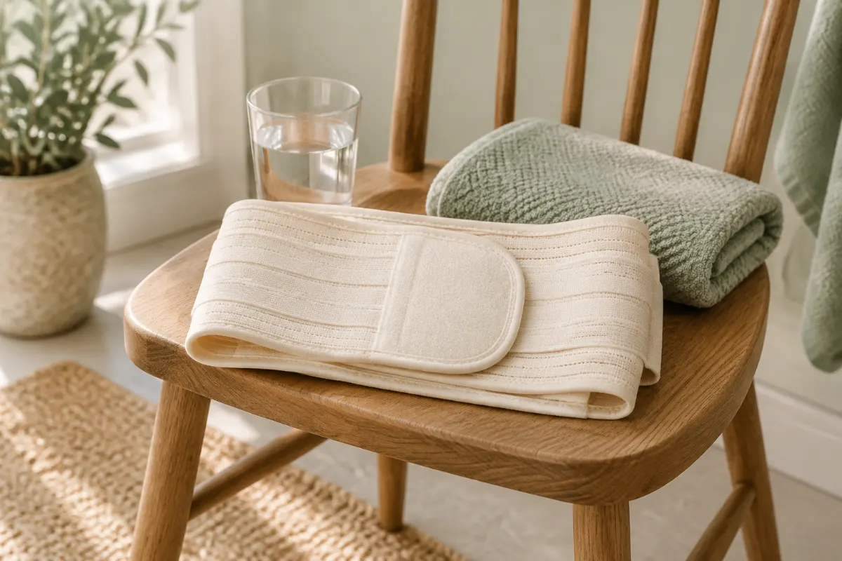 Ceinture de maintien abdominal crème posée sur une chaise en bois avec un verre d’eau