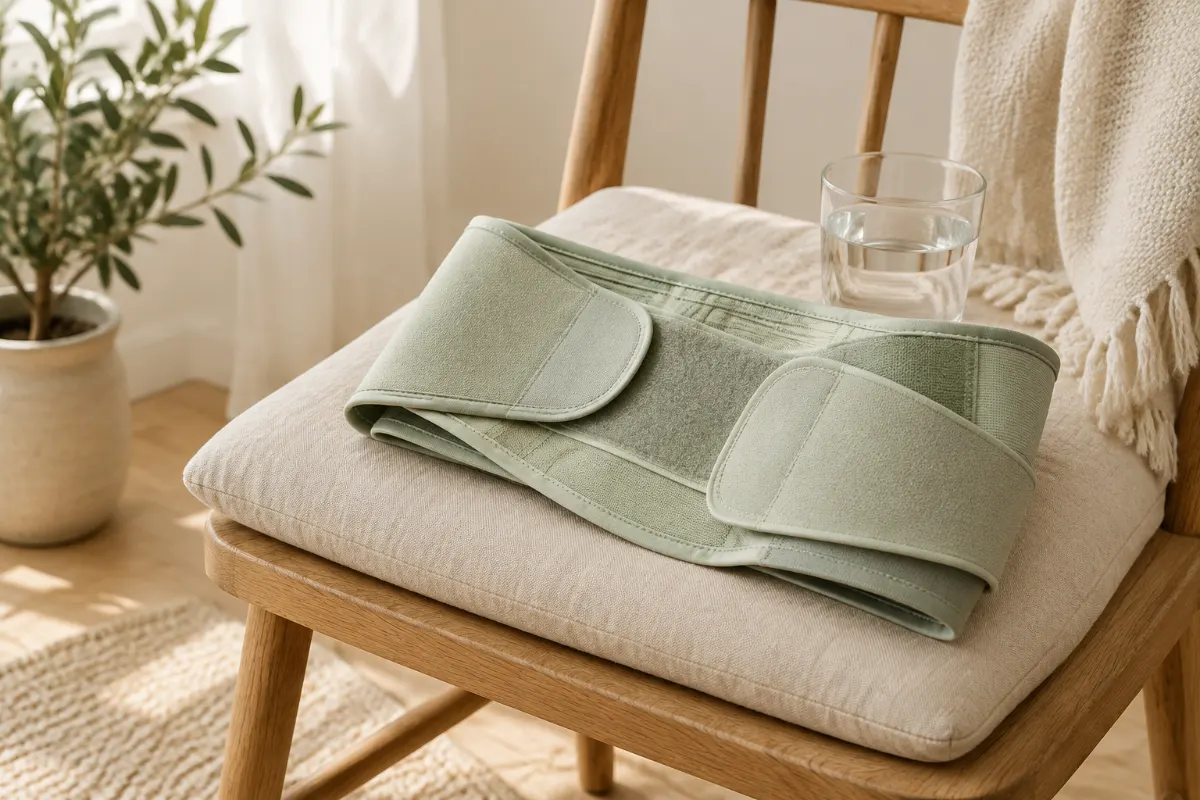 Ceinture de maintien de grossesse pliée sur une chaise en bois avec un coussin et un verre d’eau