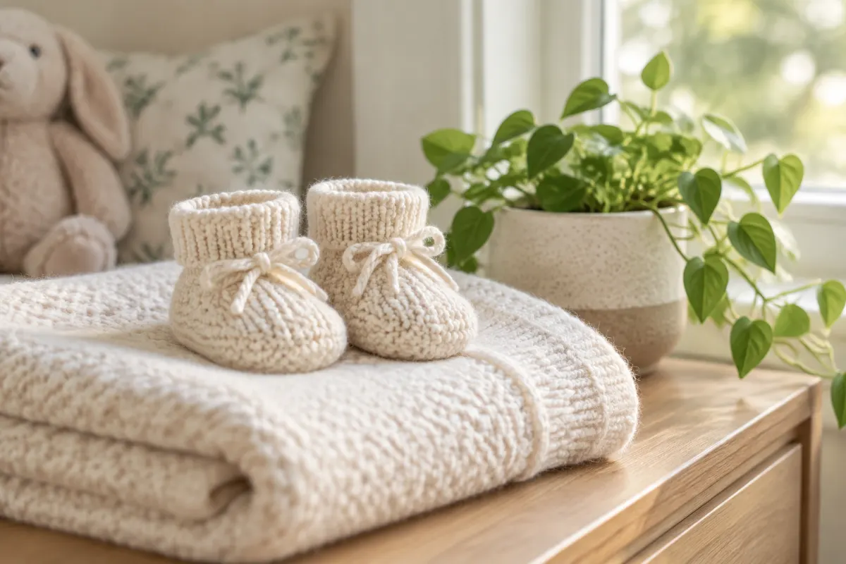Petits chaussons tricotés crème posés sur une couverture douce près d’une plante