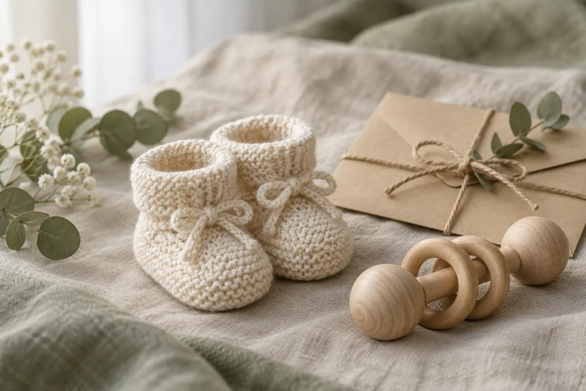 Chaussons tricotés crème, hochet en bois et petite enveloppe nouée d’une ficelle sur un linge
