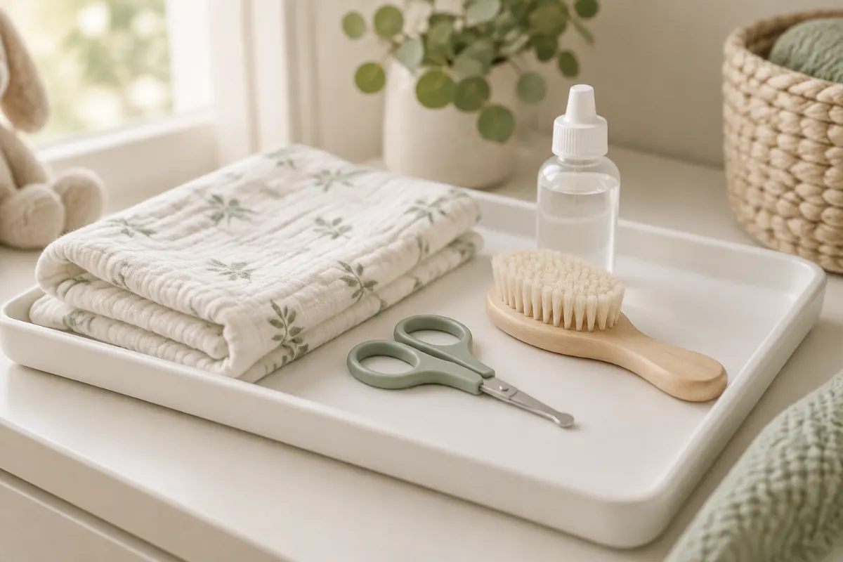Ciseaux à bouts ronds, brosse douce et sérum physiologique sur un plateau blanc avec un lange en mousseline