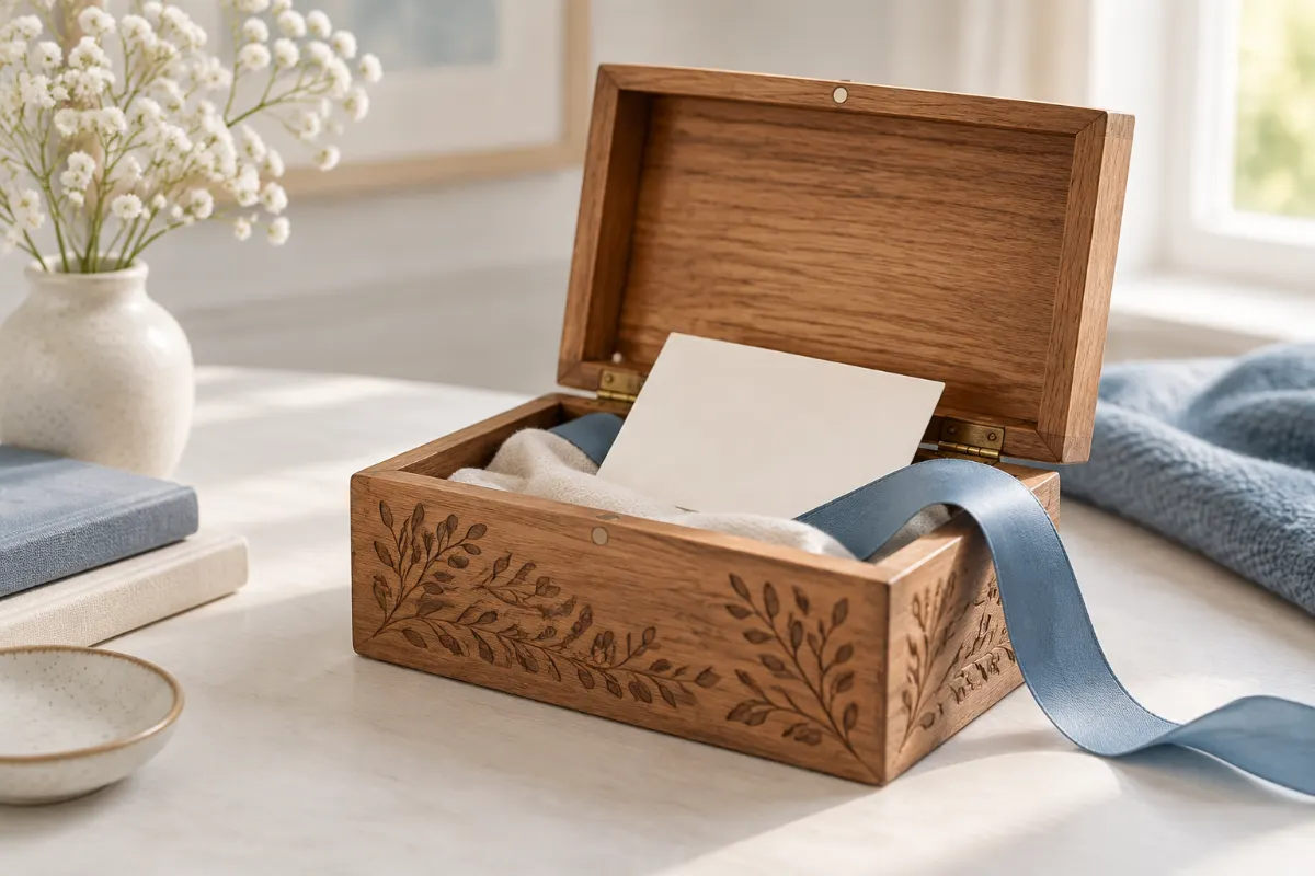 Coffret en bois gravé ouvert avec une petite carte vierge et un ruban bleu