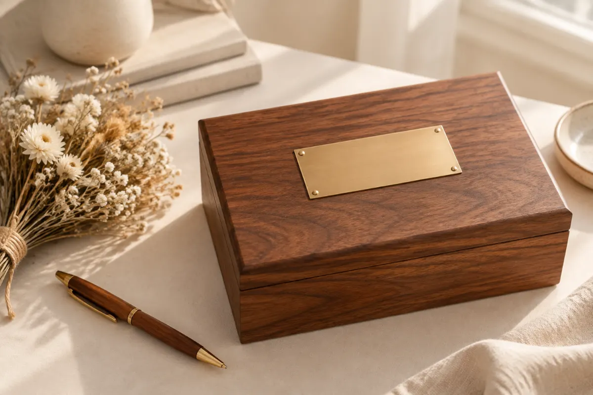 Couvercle de coffret en bois avec plaque en laiton gravée, stylo et fleurs séchées