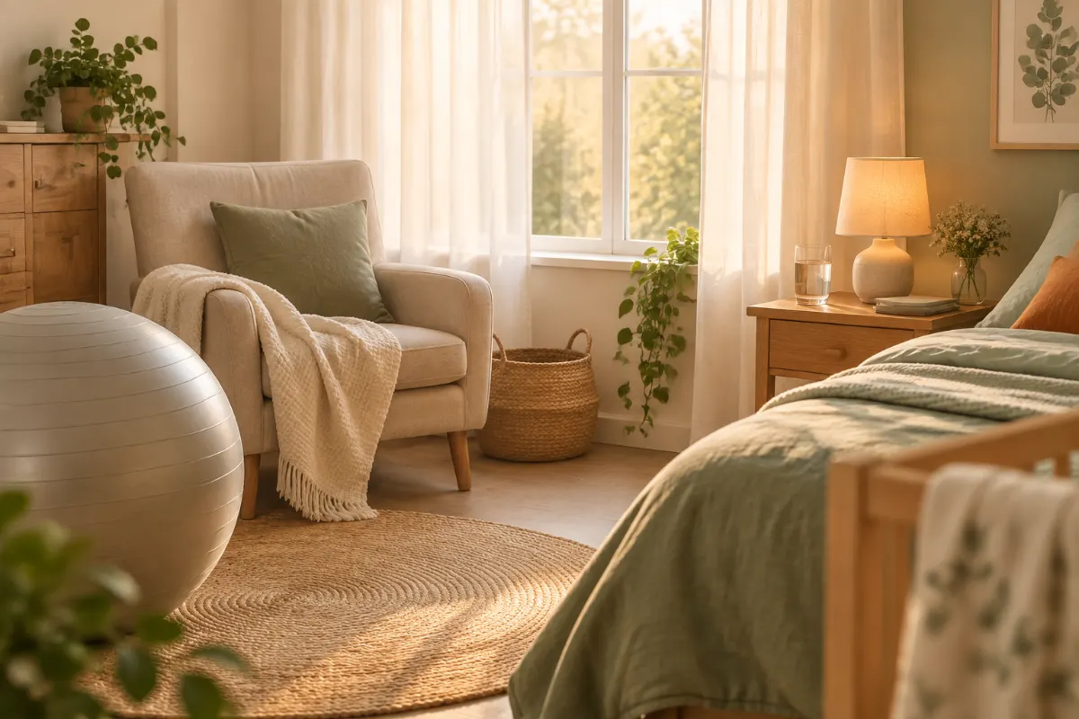 Chambre calme avec ballon de naissance, plaid et lampe de chevet pour patienter en douceur