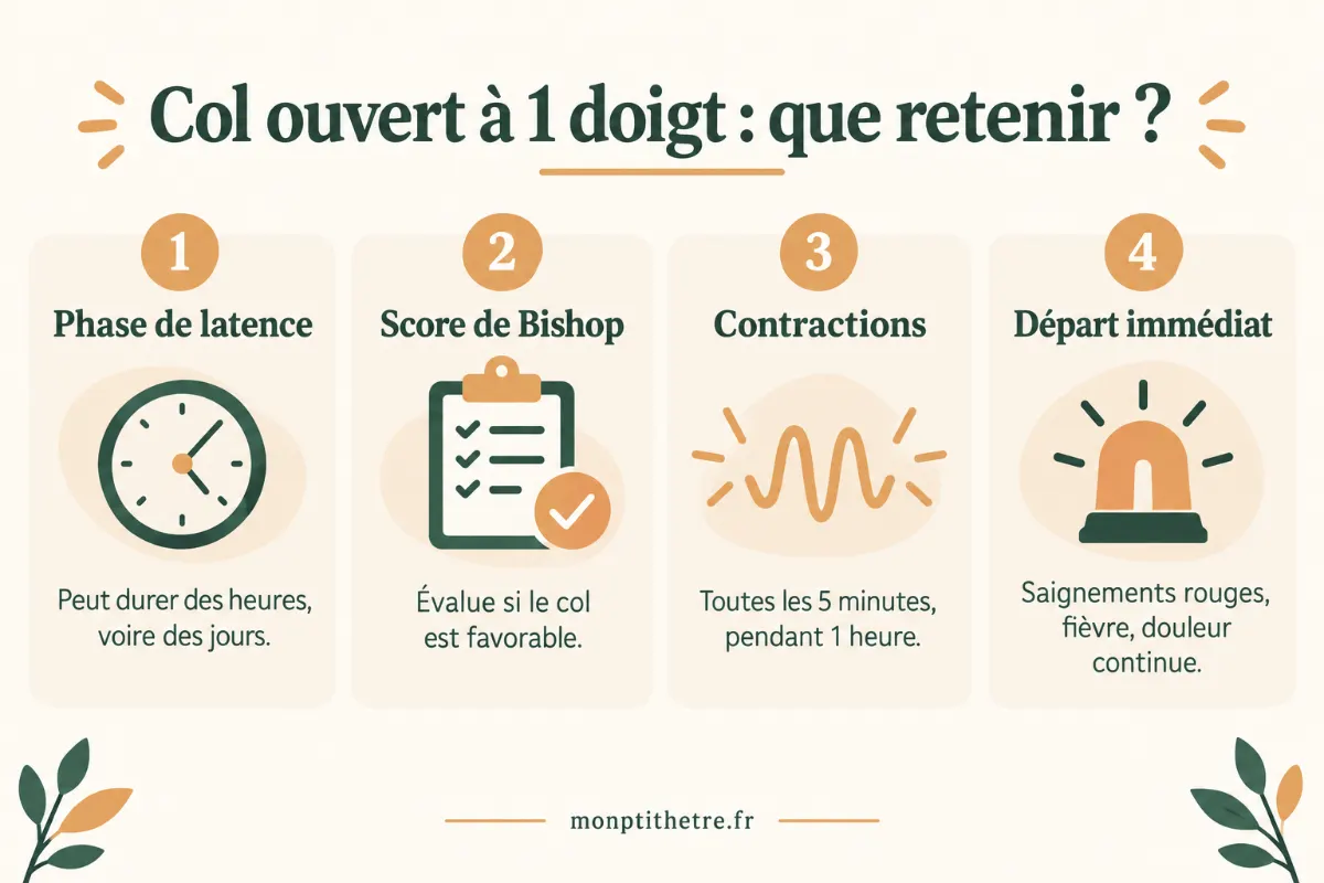 Infographie : col ouvert à 1 doigt, que retenir (phase de latence, score de Bishop, contractions, départ immédiat)