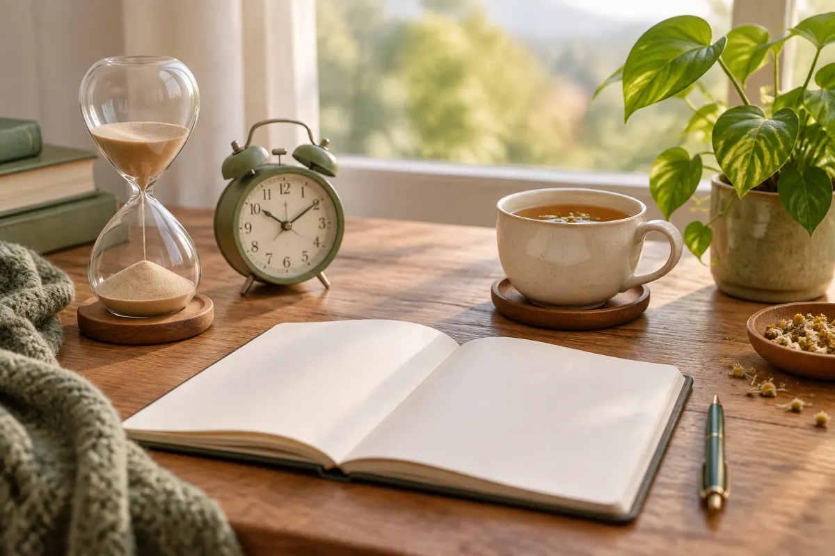 Sablier, réveil et tasse de tisane sur un bureau en bois pour illustrer la patience pendant la phase de latence