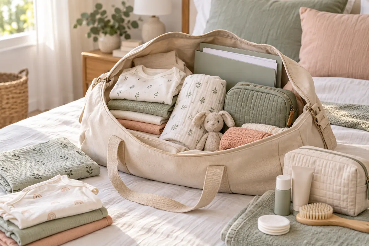 Sac de maternité ouvert avec vêtements de naissance, mousseline et dossier de documents sur un lit