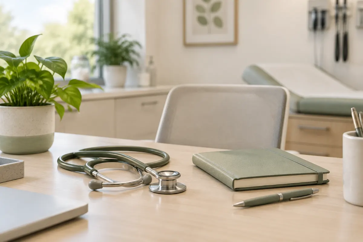 Bureau de consultation avec stéthoscope et carnet pour un saignement en début de grossesse