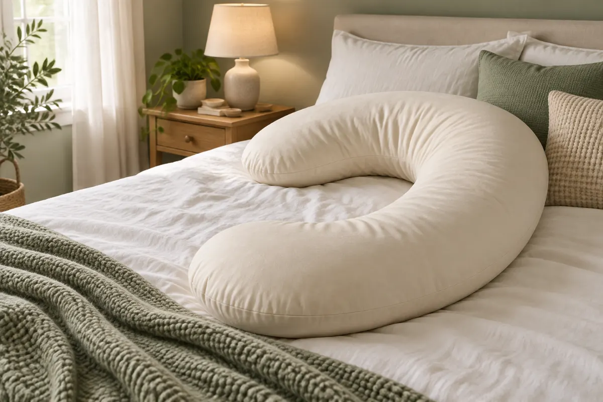 Coussin de maternité crème en forme de C posé sur un lit