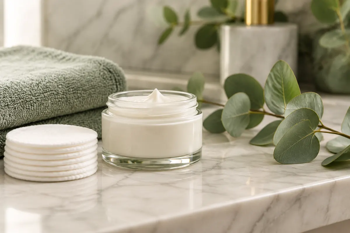 Pot de crème hydratante douce, cotons et serviette pliée près de feuilles d’eucalyptus