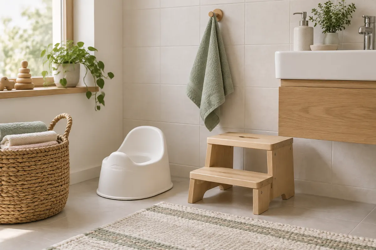 Coin salle de bain Montessori avec petit pot, tabouret en bois et panier de serviettes