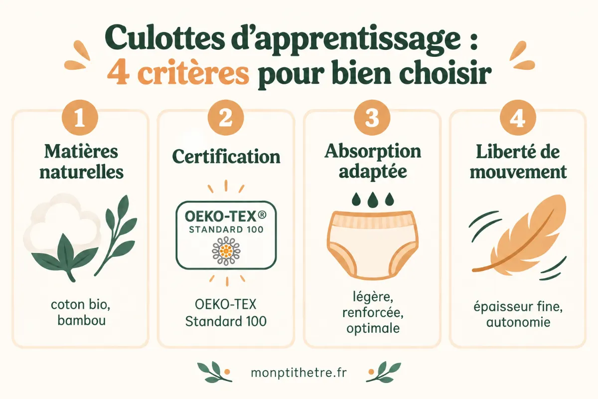 Infographie : 4 critères pour bien choisir une culotte d’apprentissage (matières, certification, absorption, liberté de mouvement)