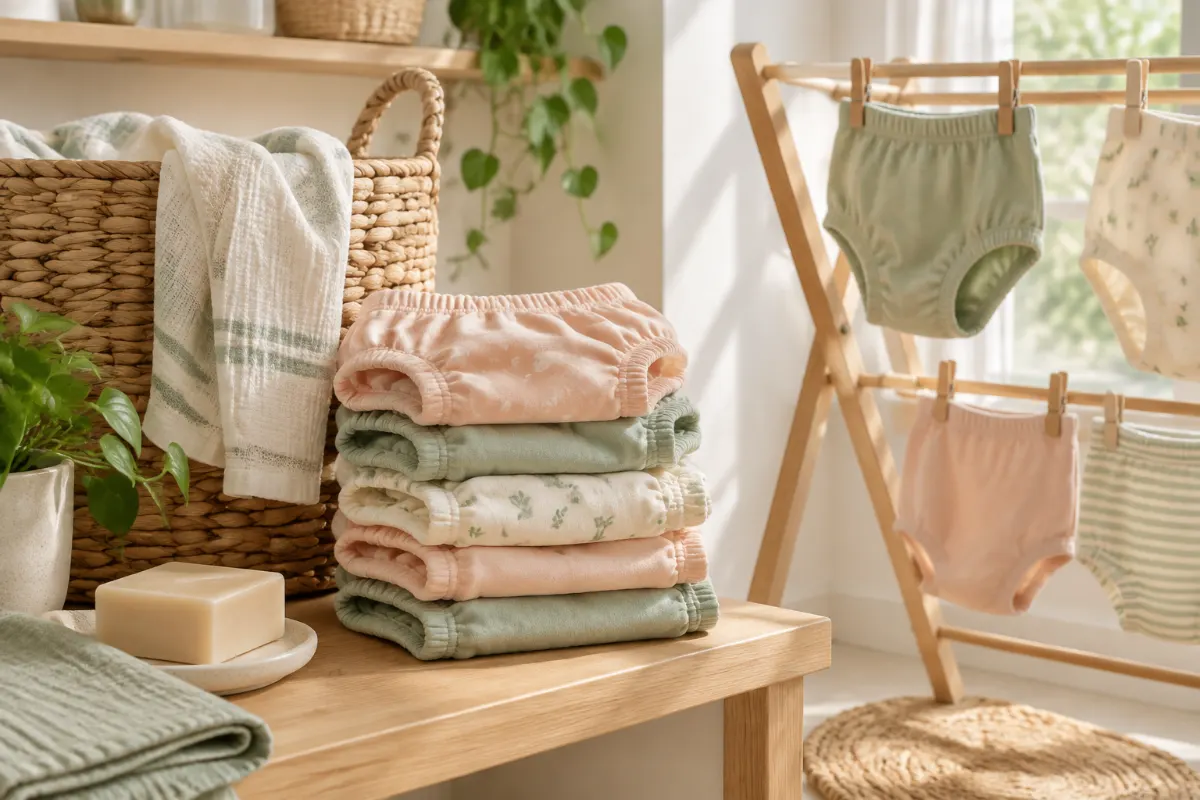 Culottes d’apprentissage propres pliées près d’un panier à linge et d’un séchoir en bois